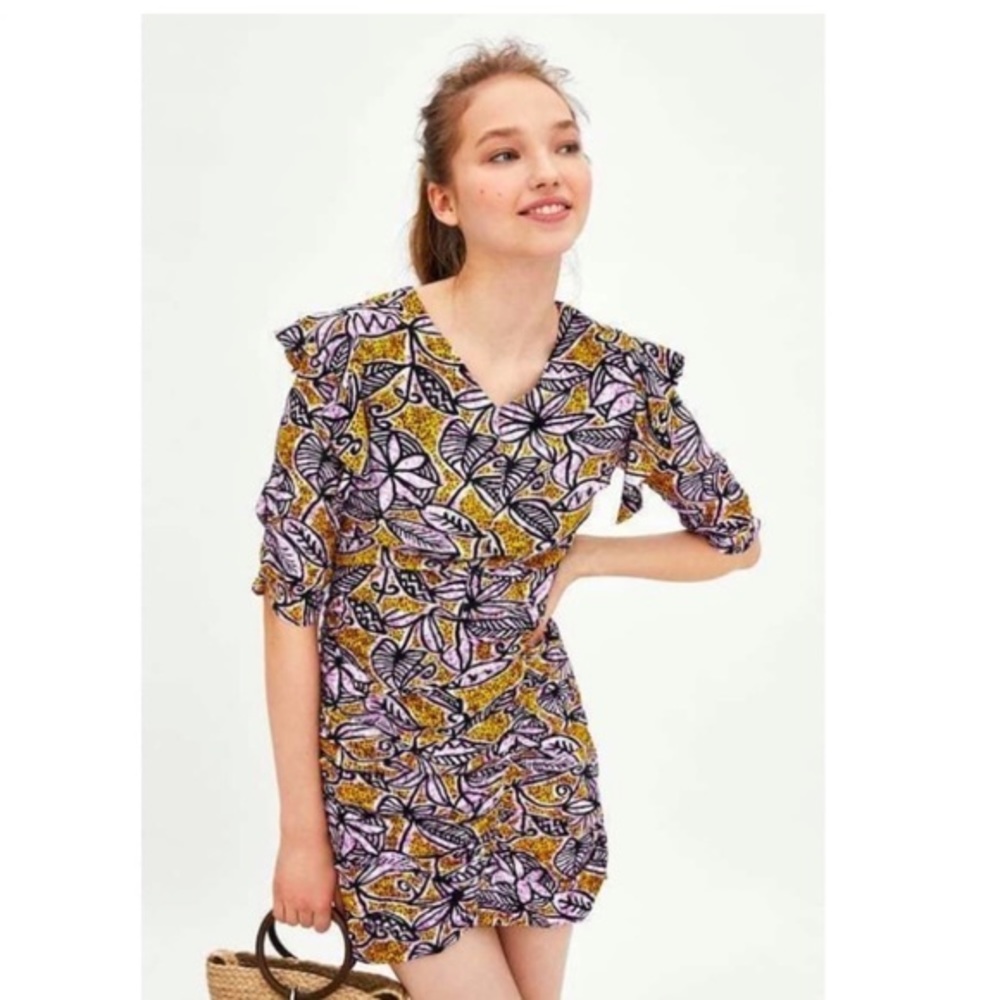 Zara T.R.F. Mini dress w/ yellow/black/pink tropical pattern & ruffles/ruching‎